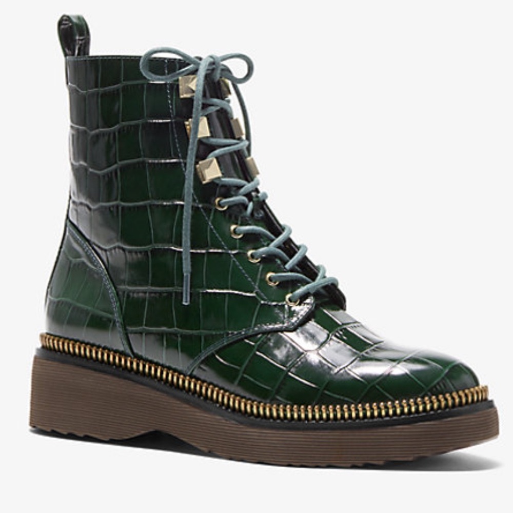 Michael Kors Green Leather Croc-Embossed Lace-Up Boots